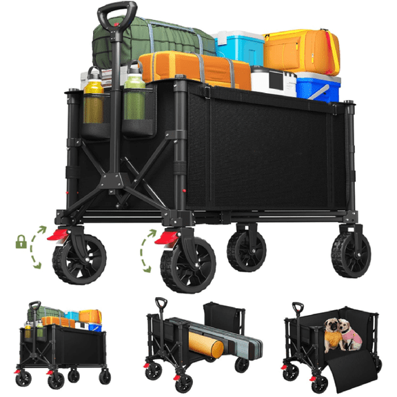 Wagons Carts Foldable, Collapsible Wagon Cart with 220 lbs Max Load and Expandable Storage Space, Heavy-Duty Foldable Wagon Cart with Wheels for Groceries, Shopping, Sport, Beach,Garden and Camping