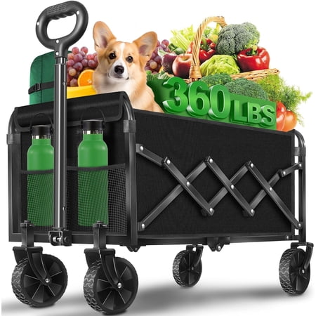 Wagons Carts Foldable, Collapsible Wagon, Foldable Wagon Cart with Wheels, Folding Wagons for Beach Camp Sports Garden, 2 Cup Holders/Lightweight Portable