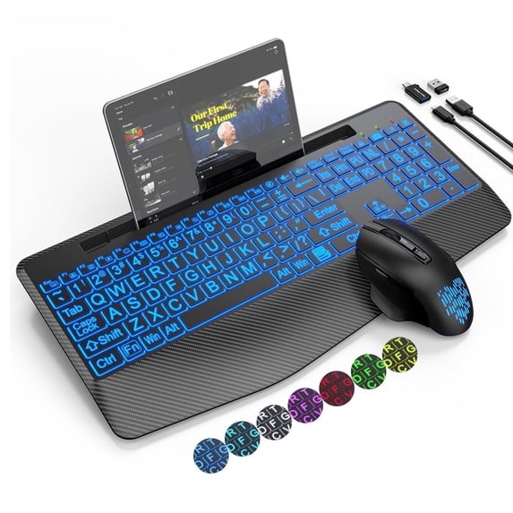 Wagpak Wireless Keyboard and Mouse with 2.4 GHz, Backlits, Wrist Rest, Holder, Jiggler Mouse for Computer, Mac, PC, Laptop, Chromebook