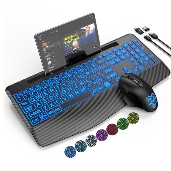 Wagpak Wireless Keyboard and Mouse with 2.4 GHz, Backlits, Wrist Rest, Holder, Jiggler Mouse for Computer, Mac, PC, Laptop, Chromebook