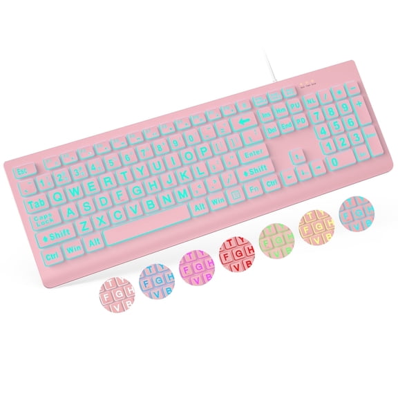 Wagpak Large Print Backlit Keyboard - Wired USB Lighted Computer Keyboard for Laptops,Pink
