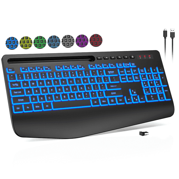 Wagpak Wireless Keyboard 7 Color Backlit Wrist Rest Rechargeable 112 Keys Quiet Keyboard