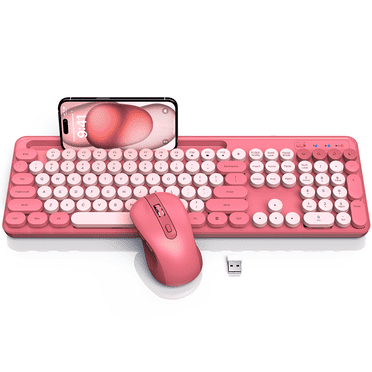 Wagpak Wireless Keyboard and Mouse Set, Pink, (New), Retro Keyboard and Mouse Set with Phone Holder - Soft Clicks & Convenient Design for Work and Study