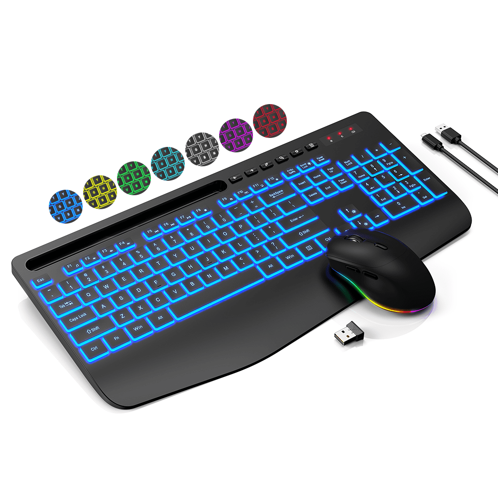 Wagpak Wireless Keyboard and Mouse Combo with 7 Color Backlit Palm Rest Phone Holder for PC, Laptop