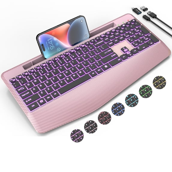 Wagpak Wireless Keyboard with 7 Colored Backlits, 102-Count and Wrist Rest (Rose gold)