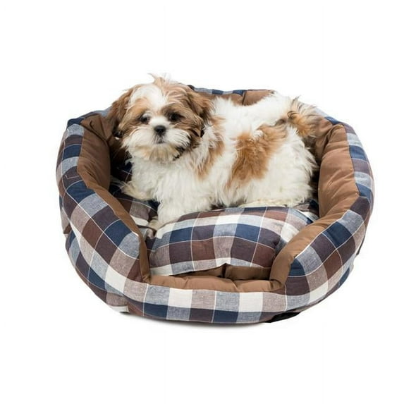 Wags N Whiskers HAHC2=12 /14559 Pet Bed Mattress For Dogs & Cats - Plaid Checkered - Round - Brown