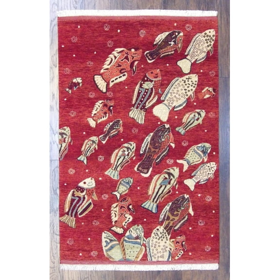 Wahi Rugs Hand Knotted Fish Design Coastal 4'0"x6'0" -w11012
