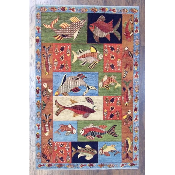 Wahi Rugs Hand Knotted Fish Design Coastal 4'0"x6'0" -w11013