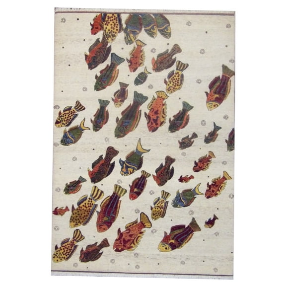 Wahi Rugs Hand Knotted Natural Coastal Fish Design 5'0"x8'0" -W11009