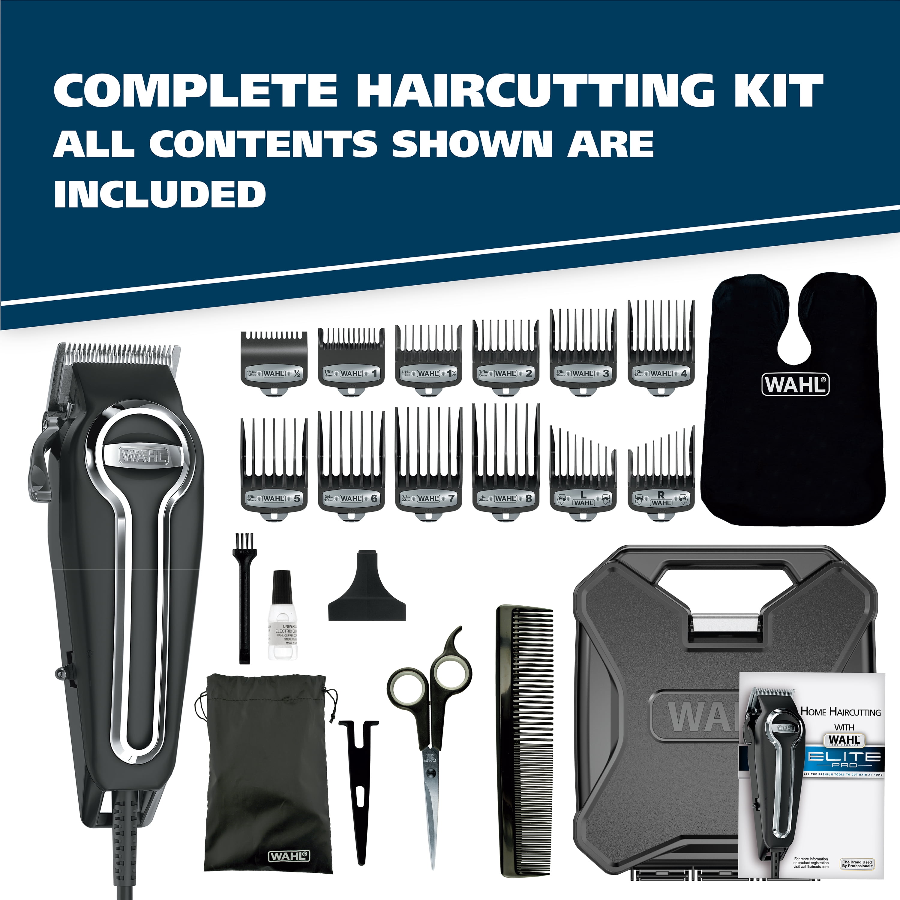 Wahl Elite Pro Complete High Performance Professional Men's Hair Cutting Kit,  21 Piece Set with Styling Shear, Comb  Clippers, 79602 - Walmart.com