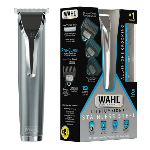 Wahl Lithium Ion Stainless Steel Men's Beard Trimmer, Removeable Blades,  Interchangeable heads for Grooming Ear, Nose, Brow and Detail trimming. #9898
