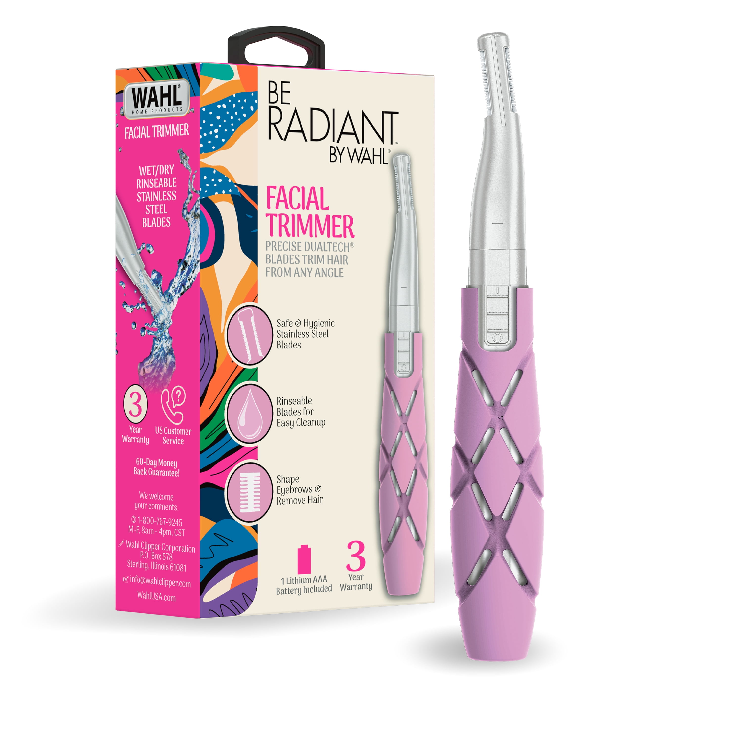 Wahl Be Radiant Battery-Powered Facial Hair Trimmer for Women, Double-Sided Detail Head, Eyebrow, Upper Lip & Facial Hair Removal Device with Comfort Grip 3027036