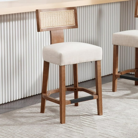 Wahson 26" Rattan Bar Stools, Farmhouse Counter Height Bar Chairs with Natural Wood Legs, Linen Upholstered Barstools with Curved Back, for Kitchen Island/Counter Home Bar, Beige
