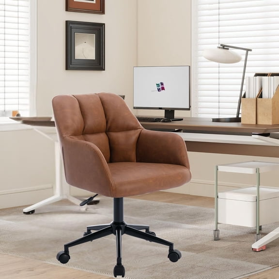 Wahson Brown Leather Office Desk Chair with Mid Back Support, Comfy Adjustable Height Computer Chair, Modern Vanity Chair 360° Rolling Swivel Task Chair Armchair for Home Office