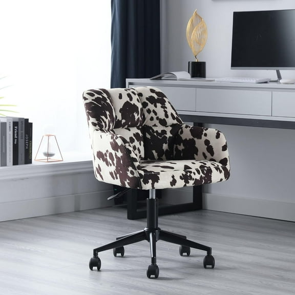 Wahson Cow Print Linen Office Desk Chair with Mid Back Support, Adjustable Height Computer Chair, 360° Rolling Swivel Task Chair Armchair Modern Vanity Chair for Home Office
