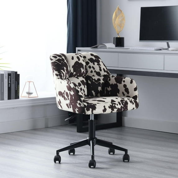 Wahson Cow Print Linen Office Desk Chair with Mid Back Support, Comfy Adjustable Height Computer Chair, 360° Rolling Swivel Task Chair Armchair Modern Vanity Chair for Home Office