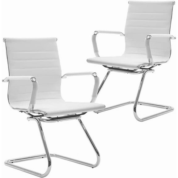 Wahson Office Guest Chairs No Wheels & Reception Chairs, Leather Waiting Room Chair Mid Back Conference Chairs with Sled Base for Meeting/Lobby/Restroom, White (2 Pack)