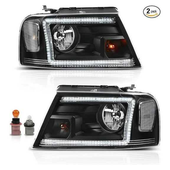 WaiRitoday LED DRL Headlights HeadLamps Assembly Halogen Compatible with Ford F150 2004-2008, Compatible with Lincoln Mark LT 2006-2008 Clear Lens Black Housing Clear Reflector FO2503247, FO2502247