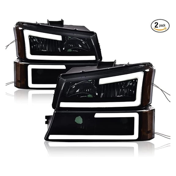 WaiRitoday LED Headlight Assembly Compatible with 03-06 Chevy Silverado 1500 2500 3500 HD Model/03-06 Avalanche 1500 2500(Fit No Cladding only) Smoky Lens Black Housing Amber Corner Halogen Headlamps