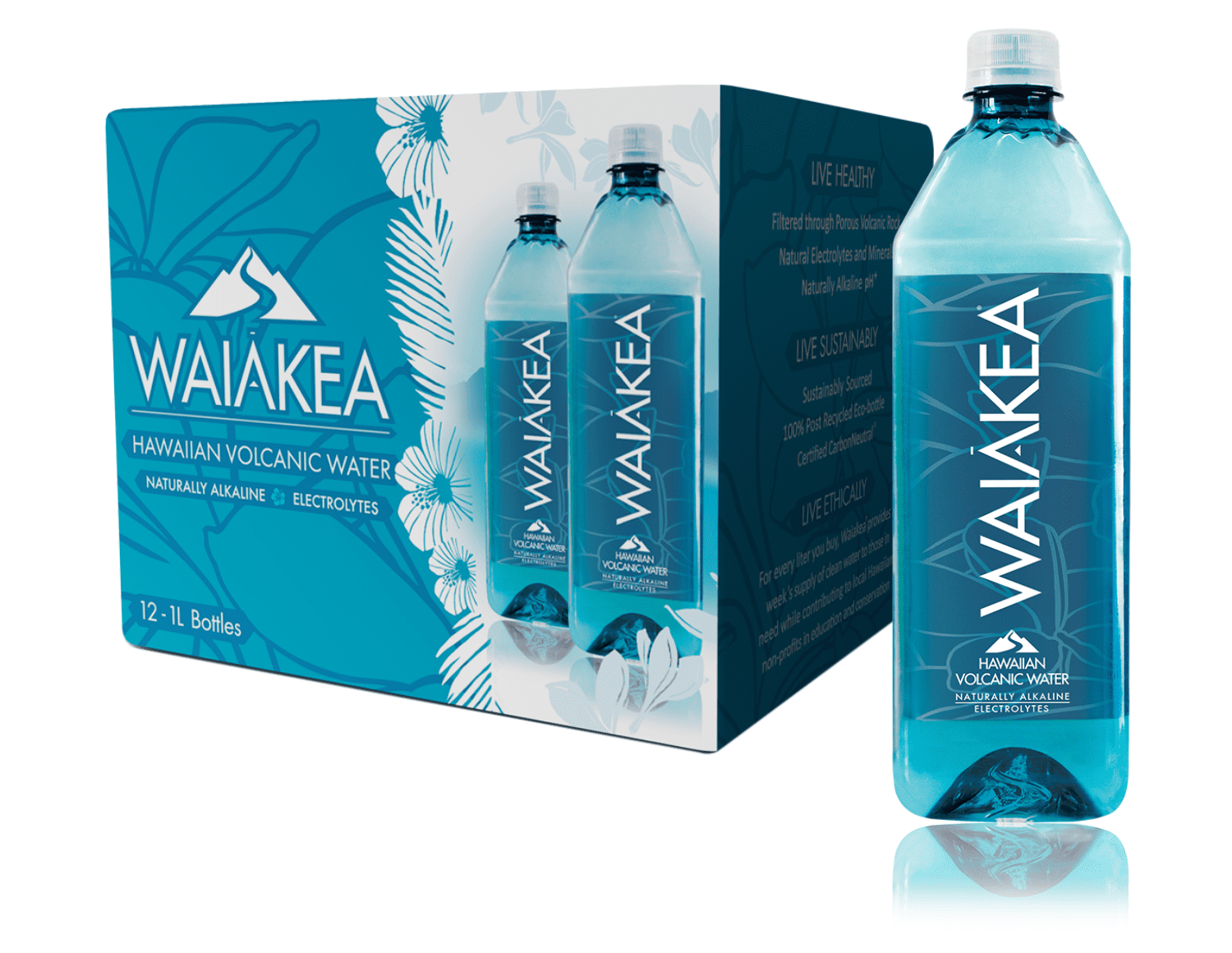 Waiakea Hawaiian Volcanic Water, Naturally Alkaline, 100% Upcycled Bottle, 1L Bottles (Pack of 12)