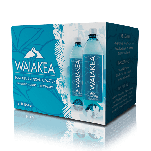 Waiakea Hawaiian Volcanic Water, Naturally Alkaline, 100% Upcycled Bottle, 1L Bottles (Pack of 12)