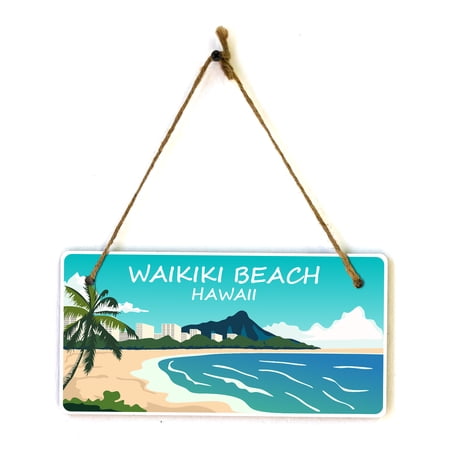 Waikiki Beach, Hawaii 5x10 Hanging Plus Wall or Door Sign | Rustic Twine | Famous US Beaches Souvenir