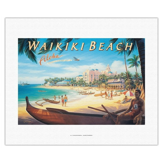 Waikiki Beach Hawaii - Royal Hawaiian Hotel - Vintage Airline Travel Poster by Kerne Erickson - Fine Art Rolled Canvas Print 16in x 20in