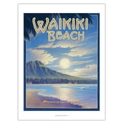 Waikiki Beach Hawaii - See the Moonrise In Paradise - Diamond Head Crater - Vintage Hawaiian Travel Poster by Kerne Erickson - Bamboo Fine Art 290gsm Paper Print (Unframed) 24x32in