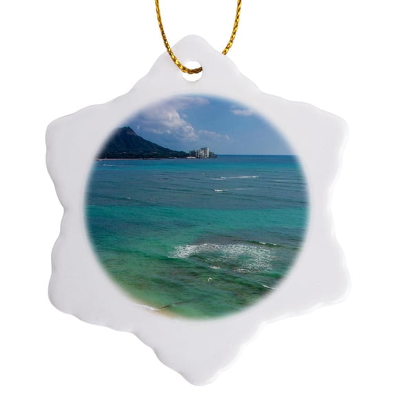 3drose, Waikiki Beach, Oahu, Hawaii, 3 inch Snowflake Porcelain Ornament