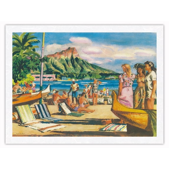 Waikiki Beach Oahu Hawaii - United Air Lines - Vintage Airline Travel Poster by Millard Sheets c.1951 - Japanese Unryu Rice Paper Art Print 24 x 32 in