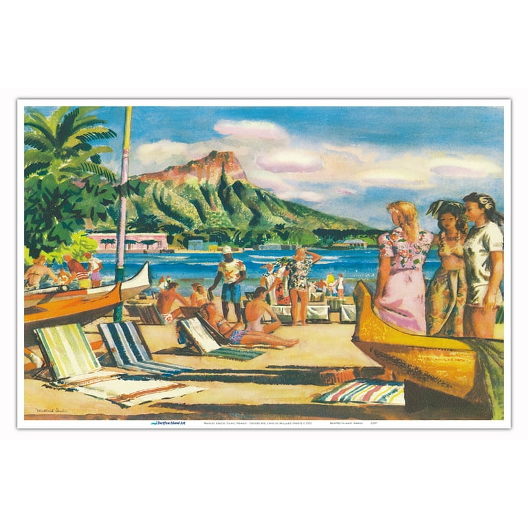 Waikiki Beach Oahu Hawaii - United Air Lines - Vintage Airline