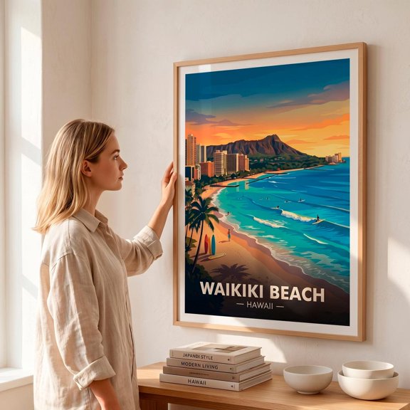 Waikiki Beach Poster Hawaii Travel Print Retro Honolulu Wall Art Vintage Diamond Head Decor Tropical Coastal Surf Art Hawaiian Gift