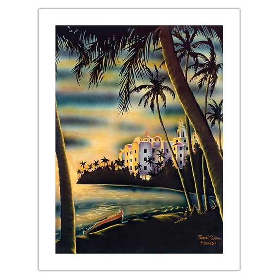 Waikiki Beach Sunset - Honolulu Hawaii - Pink Palace Royal Hawaiian Hotel - Vintage Hawaiian Airbrush Art by Frank Y. Oda c.1950s - Bamboo Fine Art 290gsm Paper (Unframed) 17x22in