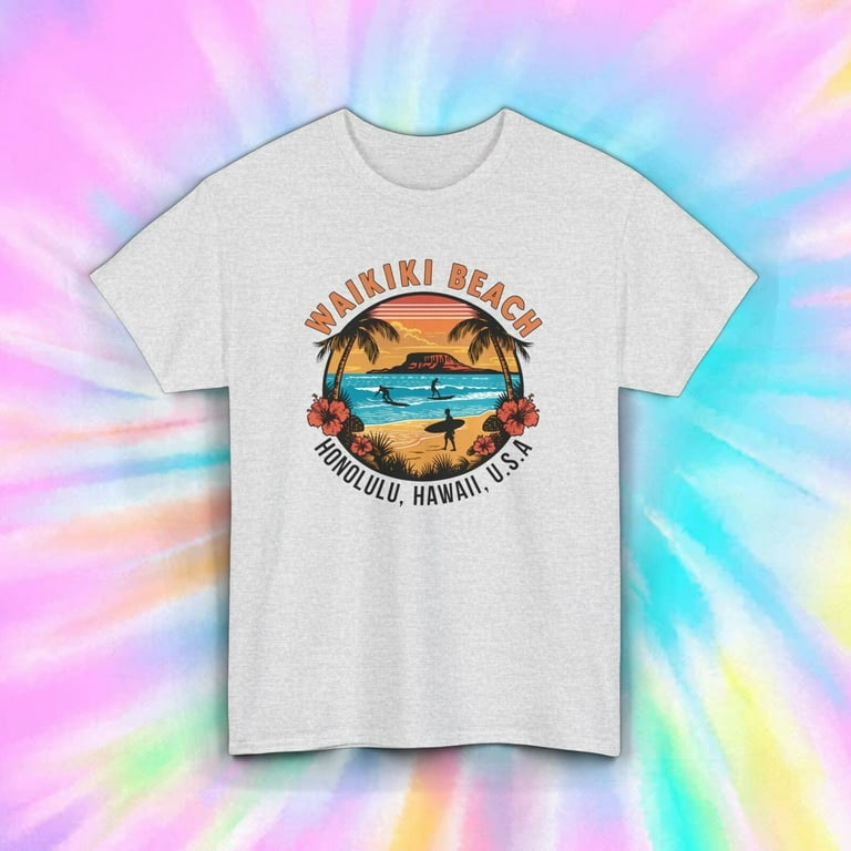 Hawaii T Shirt, Surf Waikiki Beach Colorful Retro Print Tee Hawaii T Shirt, Surf Waikiki Beach Colorful Retro Print Tee