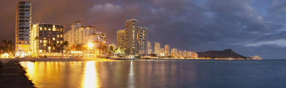 Waikiki Beach just after sunset Honolulu Oahu Hawaii United States of America Canvas Art - Ian Ludwig Design Pics (38 x 11)