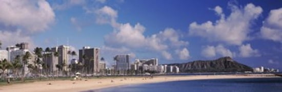 Waikiki Beach with mountain in the background Diamond Head Honolulu Oahu Hawaii USA Canvas Art - Panoramic Images (36 x 12)