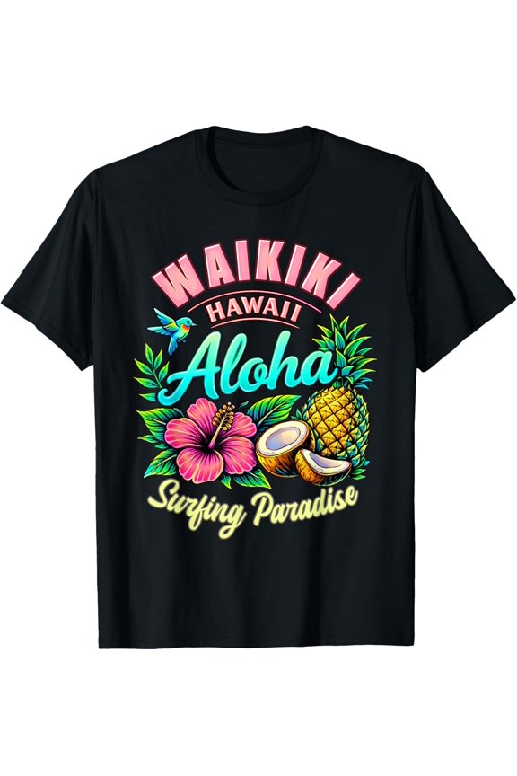 Waikiki Hawaii Aloha Surfing Paradise Hibiscus Retro Travel T-Shirt- Classic Tropical print shirts Unisex 100% Cotton Crew Neck T-Shirt Breathable Casual Everyday Wear Affordable Graphic Soft Cheap t