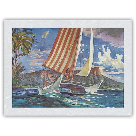 Waikiki Hawaii - Catamaran Sailing - United Air Lines - Vintage Airline Travel Poster by Millard Sheets c.1950s - Japanese Unryu Rice Paper Art Print (Unframed) 12 x 16 in