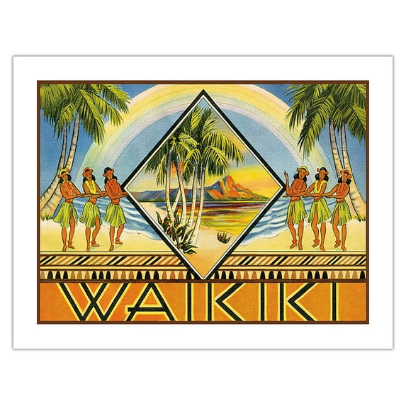 Waikiki Hawaii - Cover of Hawaiian Travel Brochure - Vintage Hawaiian Travel Poster c.1943 - Bamboo Fine Art 290gsm Paper (Unframed) 17x22in