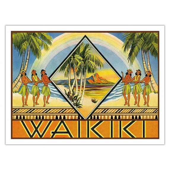 Waikiki Hawaii - Cover of Hawaiian Travel Brochure - Vintage Hawaiian Travel Poster c.1943 - Fine Art Matte Paper Print (Unframed) 24x32in