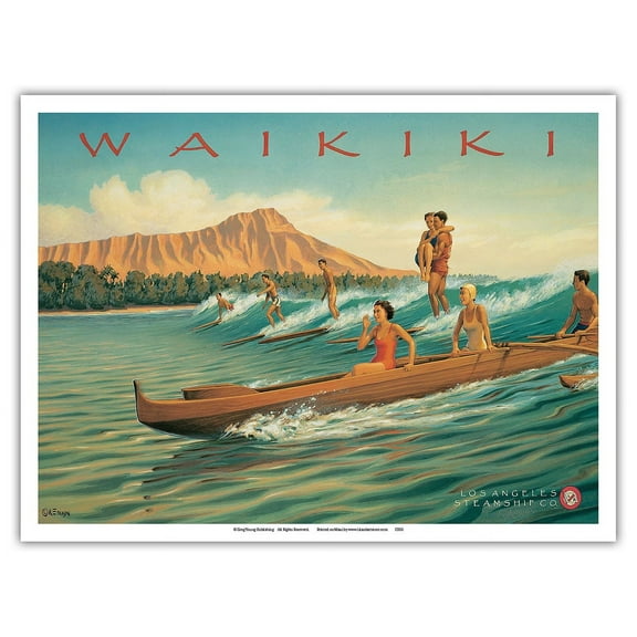 Waikiki Hawaii - Surf Riders - Los Angeles Steamship Company - Diamond Head Crater - Vintage Ocean Liner Travel Poster by Kerne Erickson - Master Art Print (Unframed) 9in x 12in