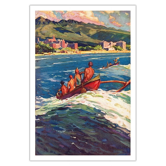 Waikiki Honolulu Hawaii - Surfing Outrigger Canoes (Wa’a) - Vintage Travel Poster by Donald Masefield Easton c.1930s - Fine Art Matte Paper Print (Unframed) 30x44in