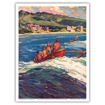 Waikiki Honolulu Hawaii - Surfing Outrigger Canoes (Wa’a) - Vintage Travel Poster by Donald Masefield Easton c.1930s - Master Art Print (Unframed) 9in x 12in