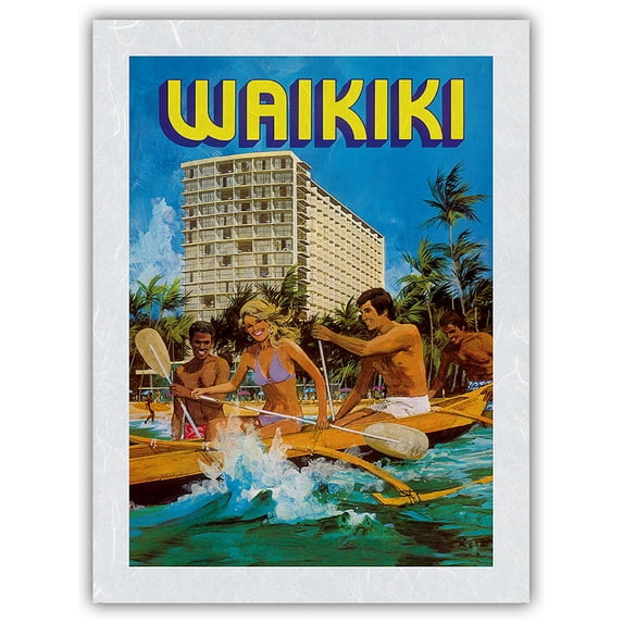 Waikiki - Outrigger Canoe - Outrigger Hotel - Vintage Advertising Poster by N. Nichelson c.1980s - Japanese Unryu Rice Paper Art Print (Unframed) 12 x 16 in