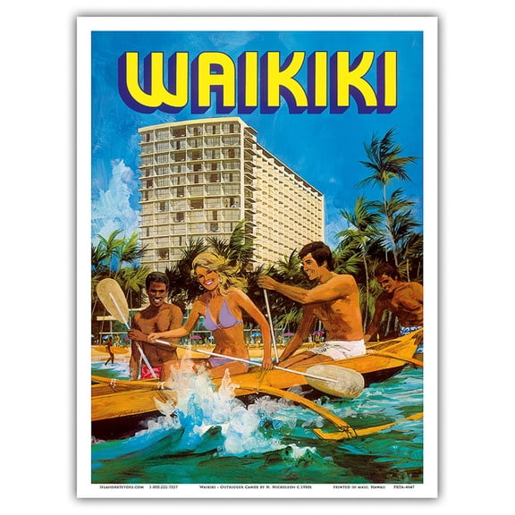 Waikiki - Outrigger Canoe - Outrigger Hotel - Vintage Advertising Poster by N. Nichelson c.1980s - Master Art Print (Unframed) 9in x 12in