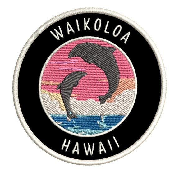 Waikoloa, Hawaii Dolphin Sunset 3.5 Inch Iron Or Sew On Embroidered Fabric Badge Patch Ocean Beach, Salt Life Iconic Series