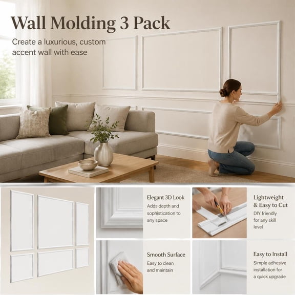 Wainscoting Panels Kit, 3 Pack, Paintable Polystyrene Accent Wall Trim, Easy-to-Install Interior Decor, White, 31 X 63 In + 31 X 24 In