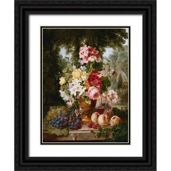 Wainwright, William John 15x18 Black Ornate Wood Framed with Double Matting Museum Art Print Titled - A Vase of Summer Flowers and Fruit