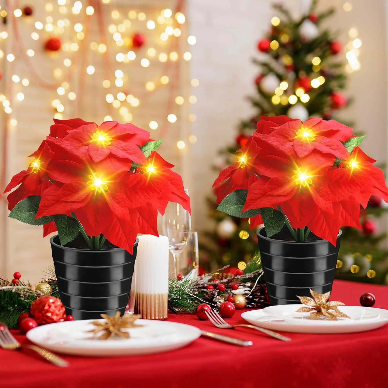 Waipfaru 2 Pack Christmas Poinsettia Flowers Artificial Poinsettias Plants in Pot Silk Lighted Fake Poinsettias Arrangements Indoor Outdoor Decoration Xmas Gift