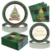 Waipfaru 200 Pcs Merry Christmas Dinnerware Set,Christmas Tree Paper Plates, Napkins & Party Supplies for 50 Guests